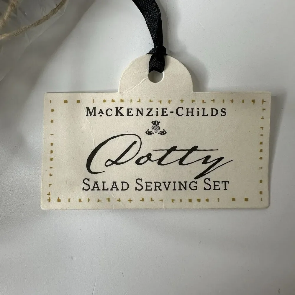 MacKenzie Childs Dotty Salad Serving Set Wood With Black White Polka Dot Handle